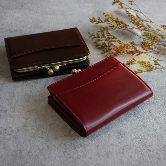 【送料無料】上品な高級イタリアンレザー 二つ折りがまぐち 短財布 レッド 赤 バーガンディー ガマ口 がま口 12枚目の画像