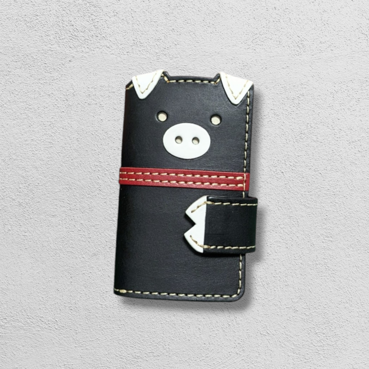 垂れ耳 黒豚さん三つ折りレザーキーケース＊カードポケット付き／ブラック