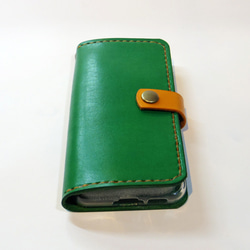 スナップボタン留め牛革レザーケース iPhone,Android 多機種制作 スマホケース 手帳型 グリーン 緑色 3枚目の画像