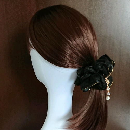 レース&シフォン】大人可愛いサテンリボン付きのシュシュ☆ブラック/黒