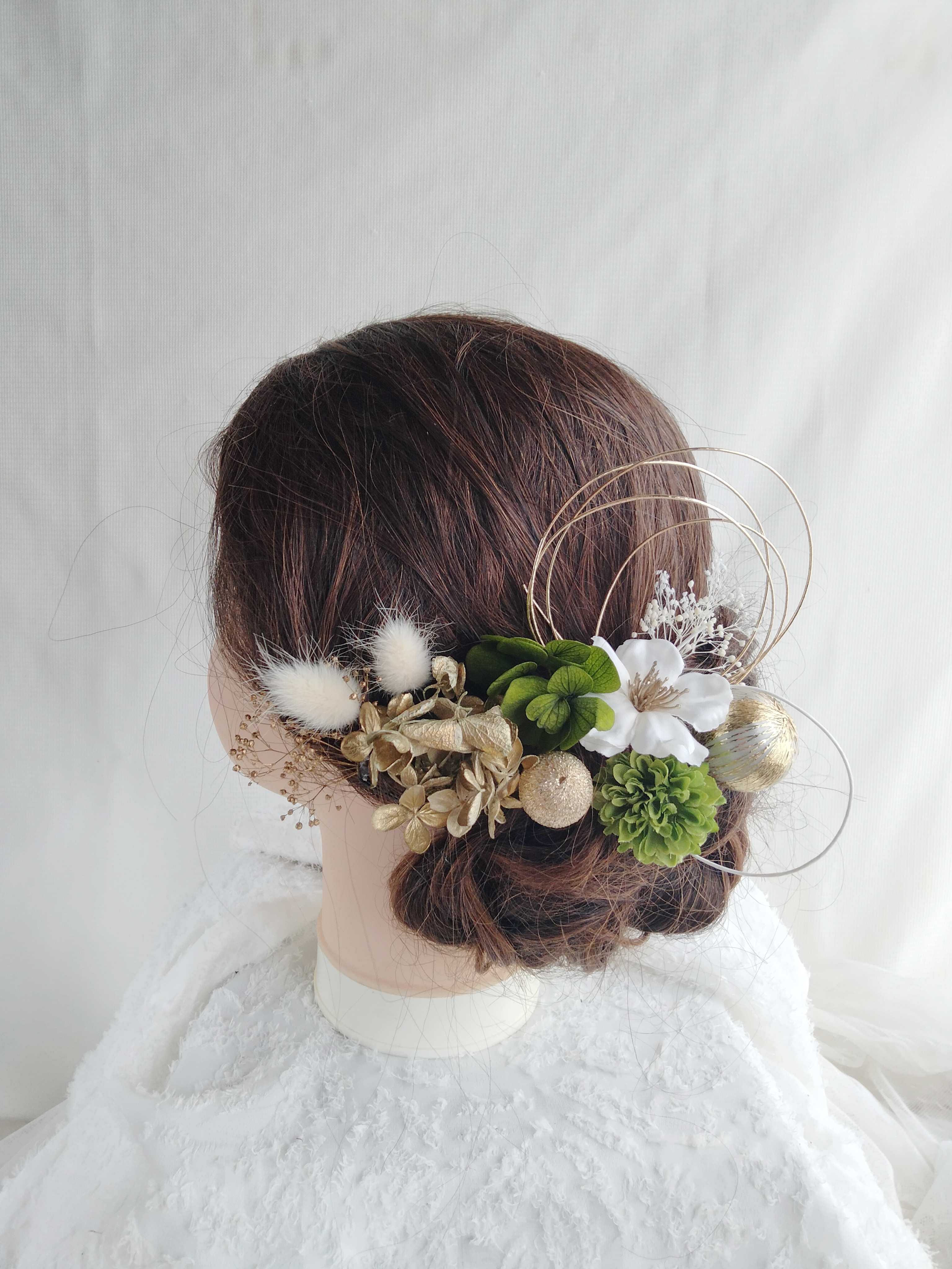 ショートヘア／ボブへアにもおススメの髪飾り 　ヘア飾り　成人式　卒業式　結婚式　前撮り　振袖　袴　白金緑　抹茶色　深緑