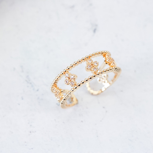 MR137】YG 幸せのシンボル クローバーの透かしリング オープン