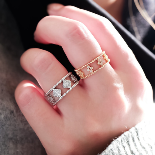 MR137】YG 幸せのシンボル クローバーの透かしリング オープン