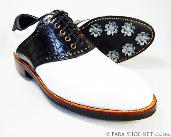PARASHOE 本革 クラシック ゴルフシューズ サドル(白×黒 PARASHOE 本革 クラシック ゴルフシューズ サドル(白×黒