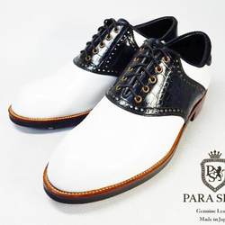 PARASHOE 本革 クラシック ゴルフシューズ サドル（白×黒）ワイズ3E 23cm～28cm（PSY-G101） 2枚目の画像