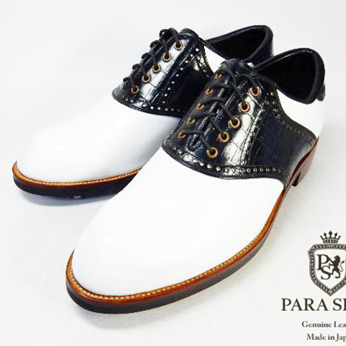 PARASHOE 本革 クラシック ゴルフシューズ サドル（白×黒）ワイズ3E