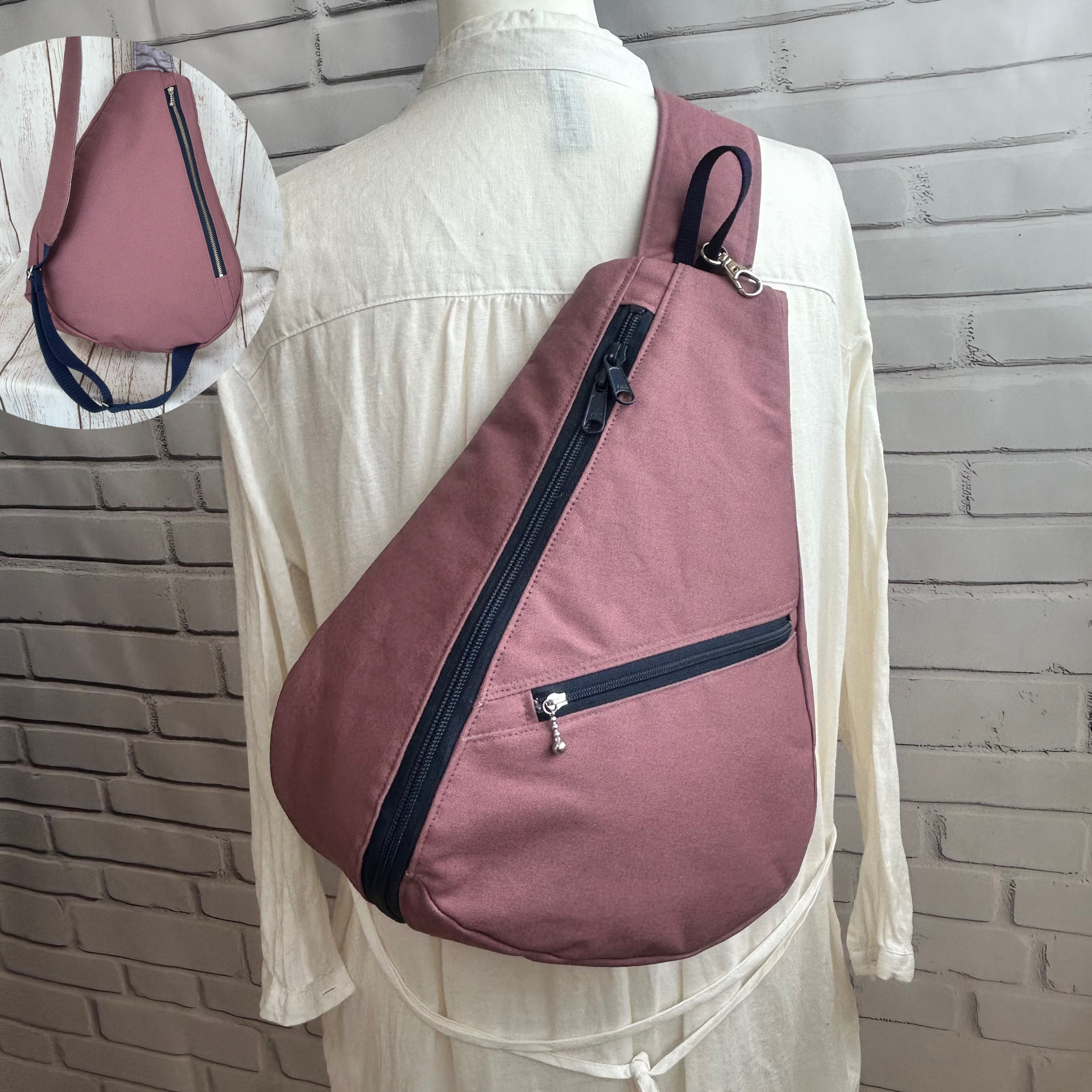 両開き開閉　背面ファスナーポケット付き　しずく型 ワンショルダーバッグ ボディーバック　長さ調節可　スモーキーパープル