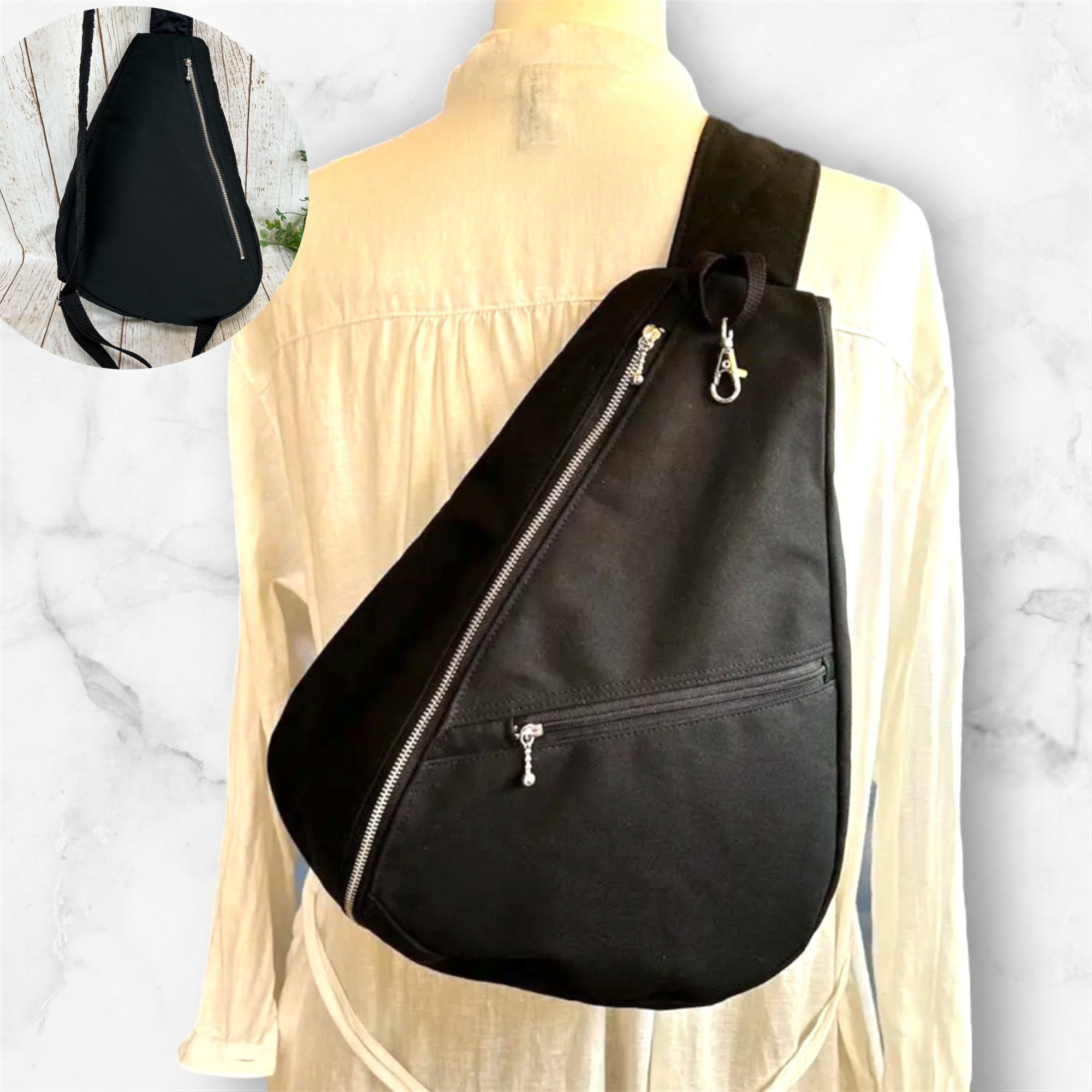 背面ファスナーポケット付き　帆布 しずく型 ワンショルダーバック ボディバック　長さ調節可能 黒19番　帆布全43色