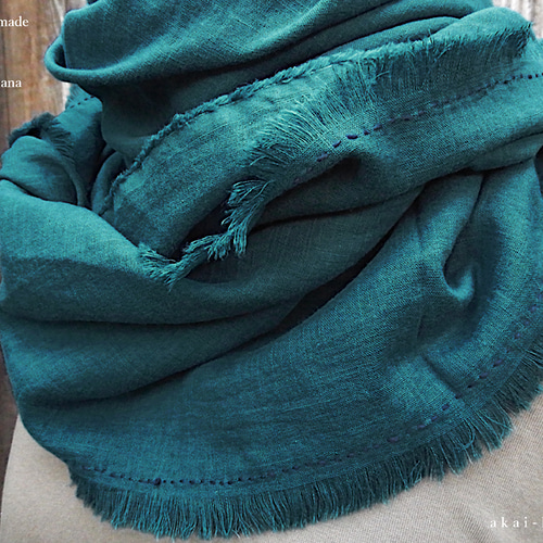 MADE IN JAPANダブルガーゼの大判ストール手縫い仕上げ⦿Blue Green