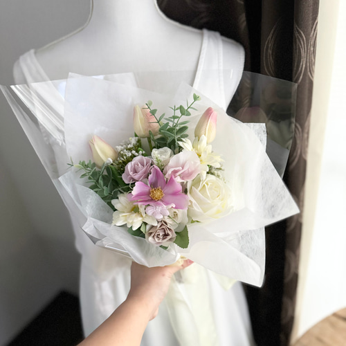 花束•*・ピンクチューリップ×白ガーベラ ブーケ ほうき星☆ 通販