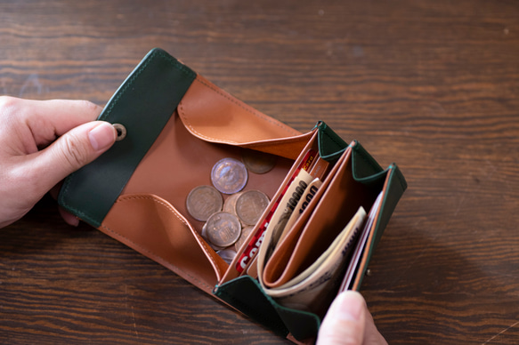 【人気No.1】二つ折り財布　ガバっと開く　ギャルソンウォレット　ヌメ革　グリーン　春財布　ダブルホック　aw-19hn 6枚目の画像