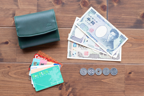 【人気No.1】二つ折り財布　ガバっと開く　ギャルソンウォレット　ヌメ革　グリーン　春財布　ダブルホック　aw-19hn 7枚目の画像