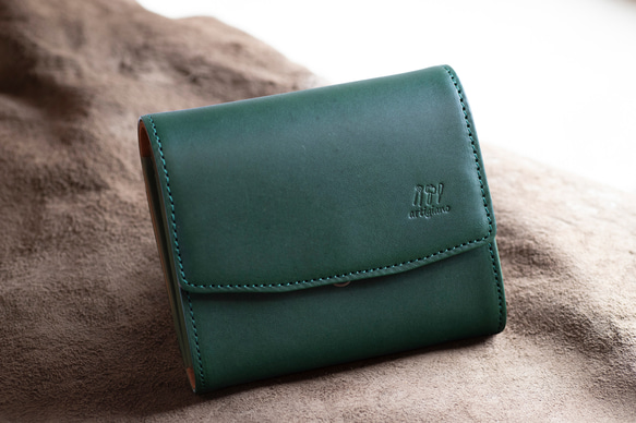 【人気No.1】二つ折り財布　ガバっと開く　ギャルソンウォレット　ヌメ革　グリーン　春財布　ダブルホック　aw-19hn 2枚目の画像