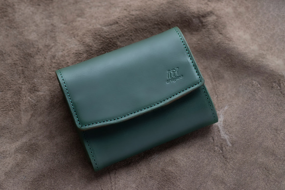 【人気No.1】二つ折り財布　ガバっと開く　ギャルソンウォレット　ヌメ革　グリーン　春財布　ダブルホック　aw-19hn 4枚目の画像