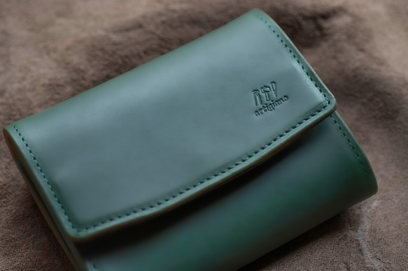 【人気No.1】二つ折り財布　ガバっと開く　ギャルソンウォレット　ヌメ革　グリーン　春財布　ダブルホック　aw-19hn 3枚目の画像