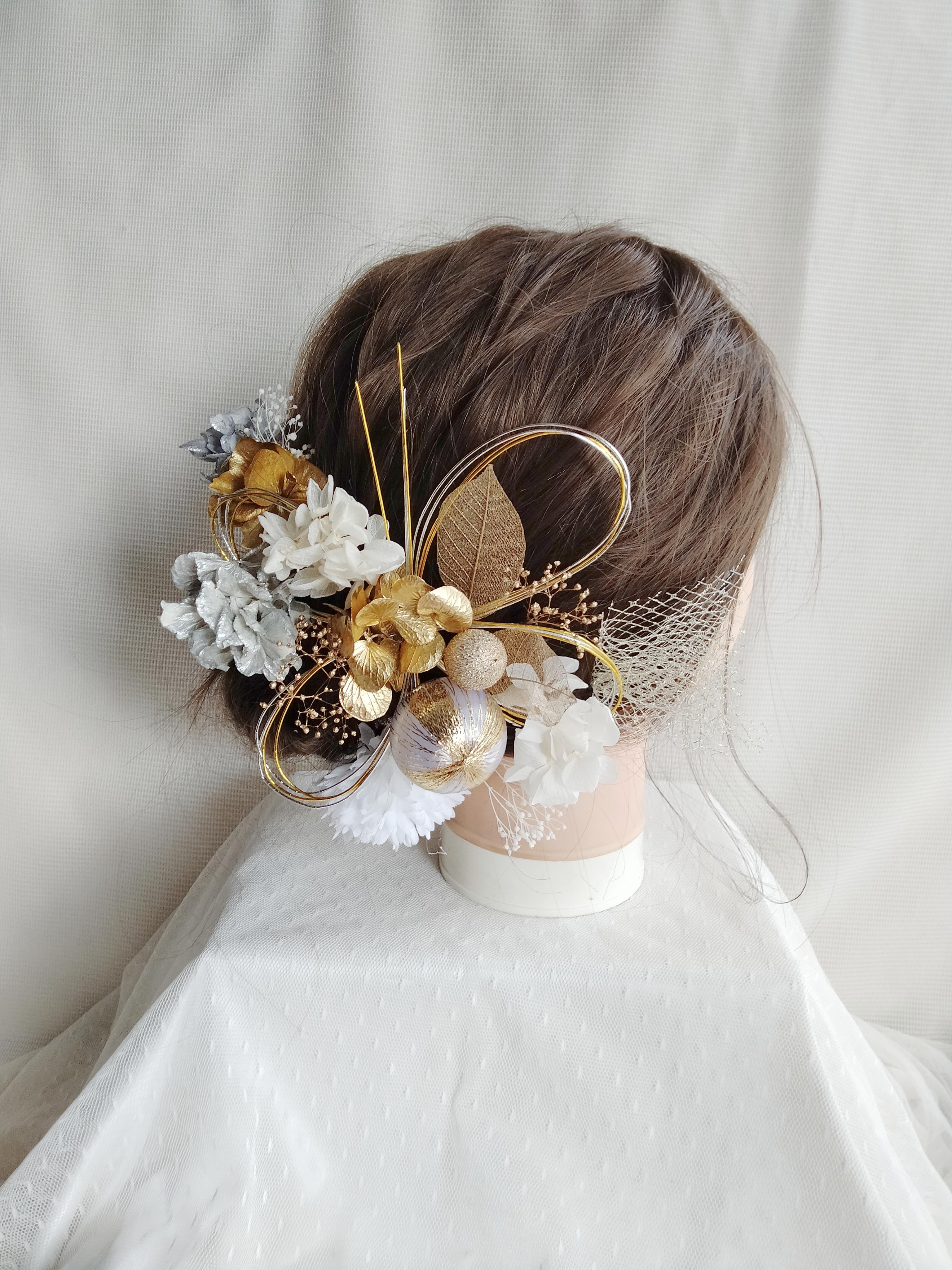 水引と和玉の三色の髪飾り　卒業式　成人式　結婚式　ドライフラワー　プリザーブドフラワー