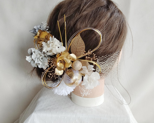 水引と和玉の三色の髪飾り 卒業式 成人式 結婚式 ドライフラワー