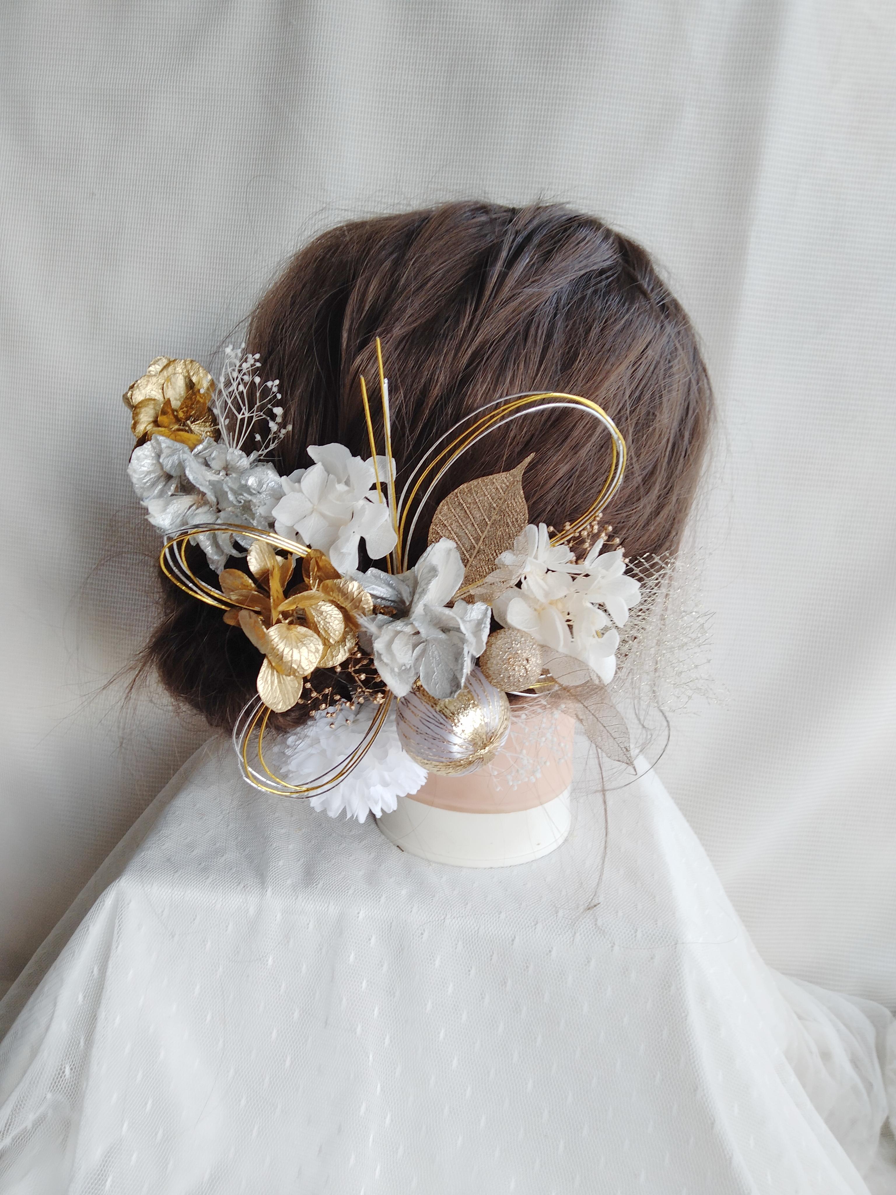 A21   水引と和玉の三色の髪飾り　卒業式　成人式　結婚式　ドライフラワー　プリザーブドフラワー