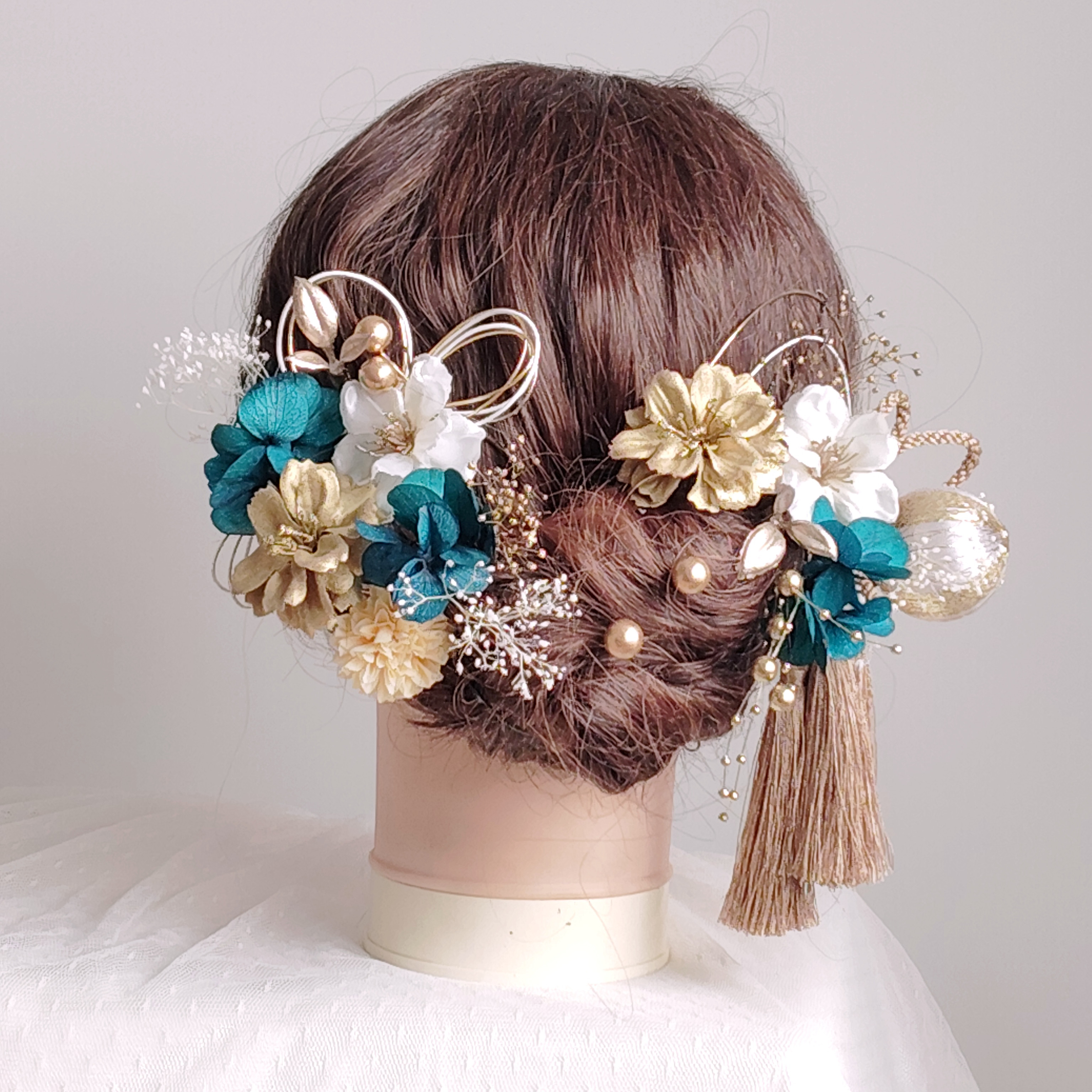 小花とアップルブロッサムの髪飾り　枝垂れパール　パールシャワー　黄色　イエロー　からし色　山吹色　色打掛　髪飾り　和装