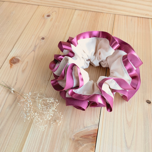 紫チェックのリボンシュシュ ゴム入れ替え可能