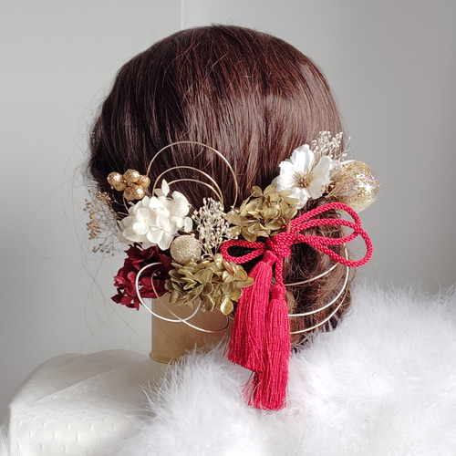 鞠と花＿＿水引と林檎の花の髪飾り 鞠玉 卒業式 成人式 結婚式 髪飾り