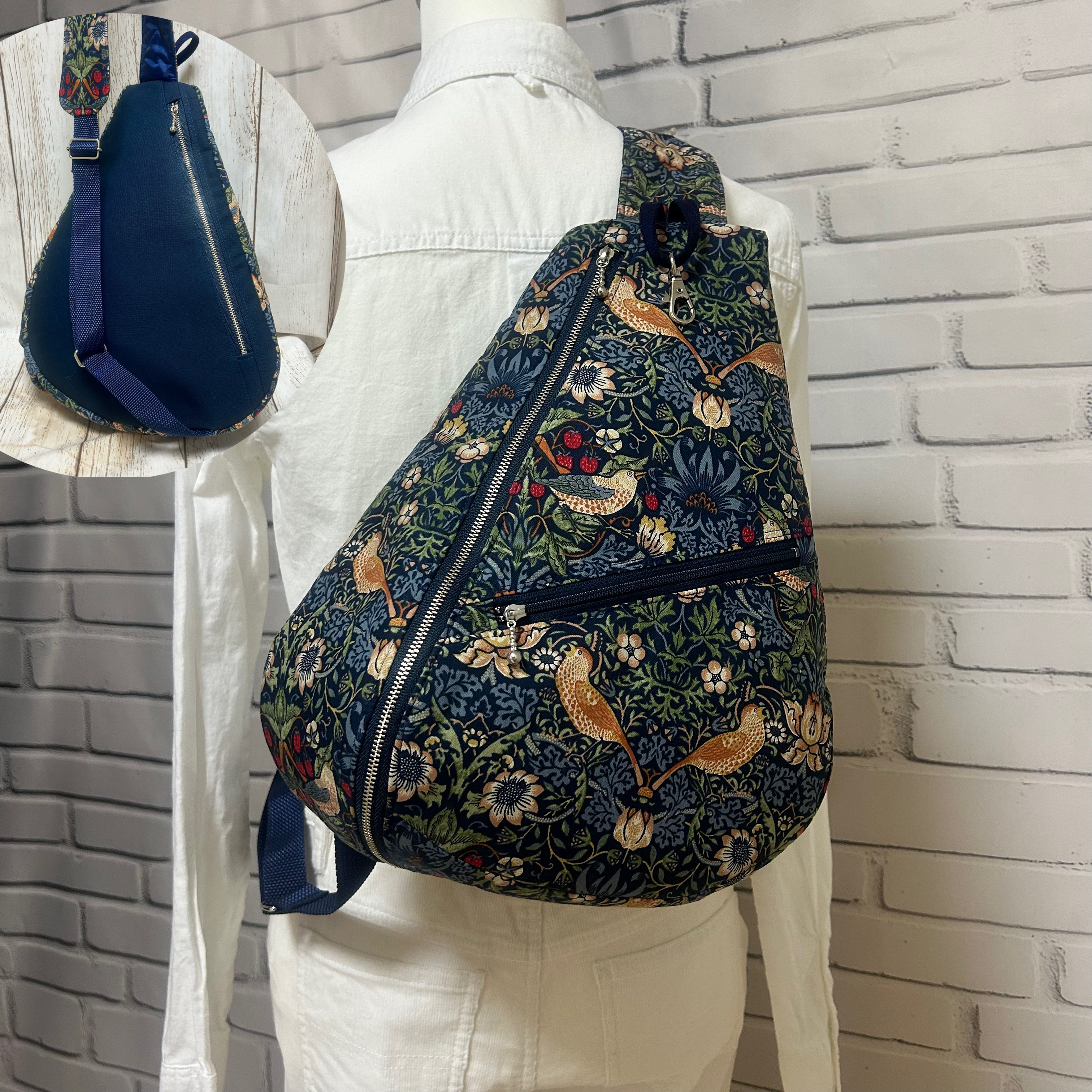 背面ファスナーポケット付き　モリスコレクション　しずく型　ワンショルダーバック　ボディーバック　長さ調節可　イチゴ泥棒