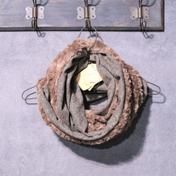 No.852ヘリンボーン織りウールとフェイクファーのスヌード（ブラウン） 1枚目の画像