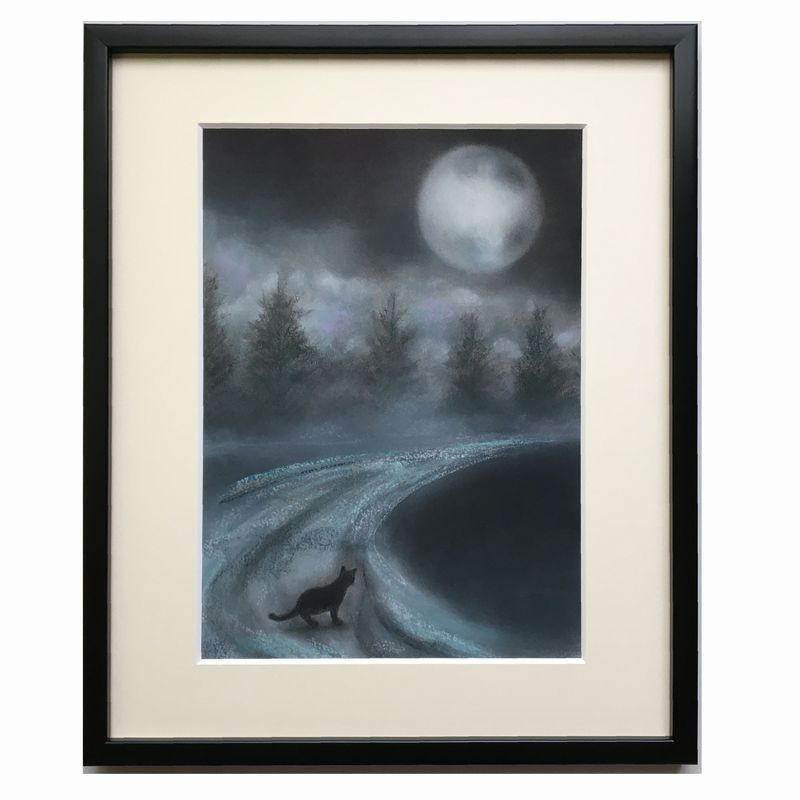 黒猫が横切ると、、、（パステル画・原画）4号 絵画 にゃんずら