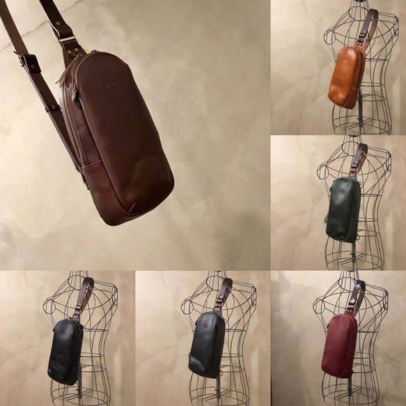 牛革、縦型すっきりボディバッグ。男女兼用。／レスデザインalto.(アルト)／神戸革鞄 1枚目の画像