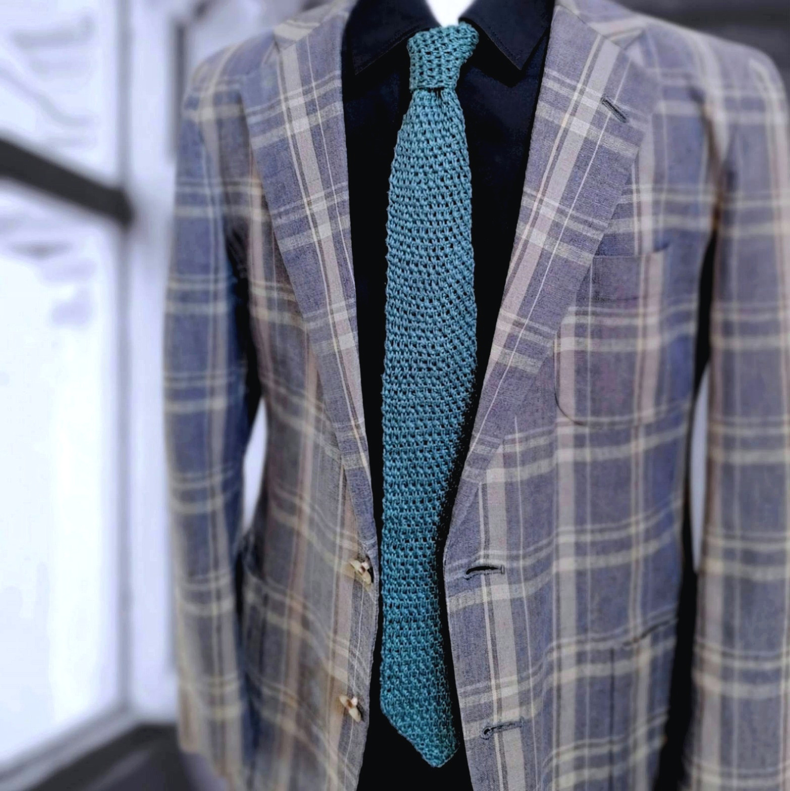 上質リネン 手編みネクタイ【深い青緑】　　│剣先三角 麻 二次会 ギフト バレンタイン 父の日 編み物 ティールグリーン