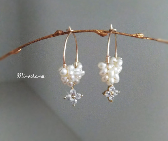 {14Kgf} **Pearl & Crystal** チャームリングピアス (2size) 3枚目の画像