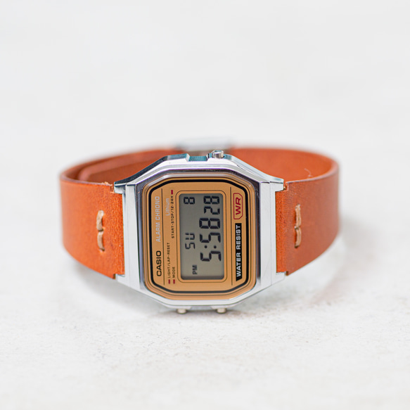 CASIO A158 チープカシオ本革レザーベルトカスタム グレー&茶色