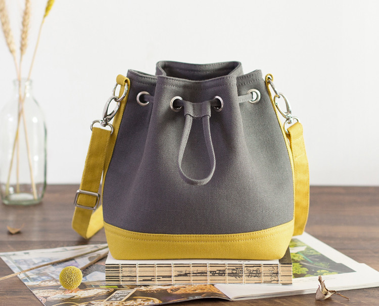 ［Sサイズ］2WAY帆布巾着バッグ｜手提げ・斜めがけ｜ファスナーポケット付き【グレーｘイエロー】長財布OK｜軽量ミニ