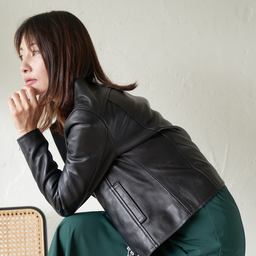 ﾓﾘﾉｶﾞｯｺｳ Mサイズ ラムレザーノーカラージャケットブルゾン【レザー