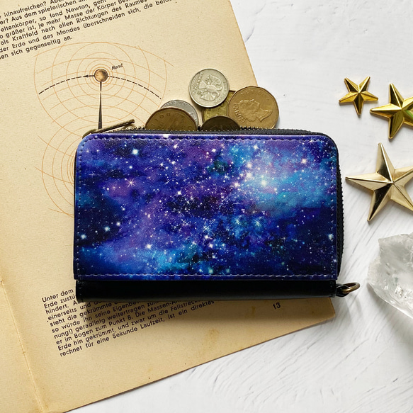 星星和星系的空間圖案迷你錢包/緊湊型錢包鑰匙錢包/GALAXY星空 第1張的照片