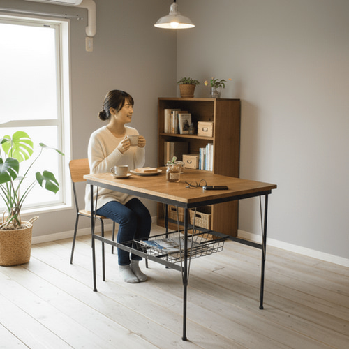 アイアン ウッド カフェ テーブル （フック 収納棚 付き省スペース型