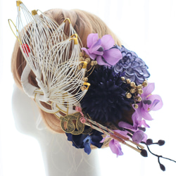 髪飾り　鶴　青　紫　菊　ダリア　ウェディング　ブライダル　成人式　卒業式　ヘッドドレス　和婚　着物　色打掛　和婚 3枚目の画像