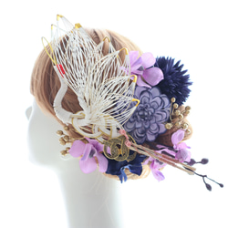 髪飾り　鶴　青　紫　菊　ダリア　ウェディング　ブライダル　成人式　卒業式　ヘッドドレス　和婚　着物　色打掛　和婚 7枚目の画像