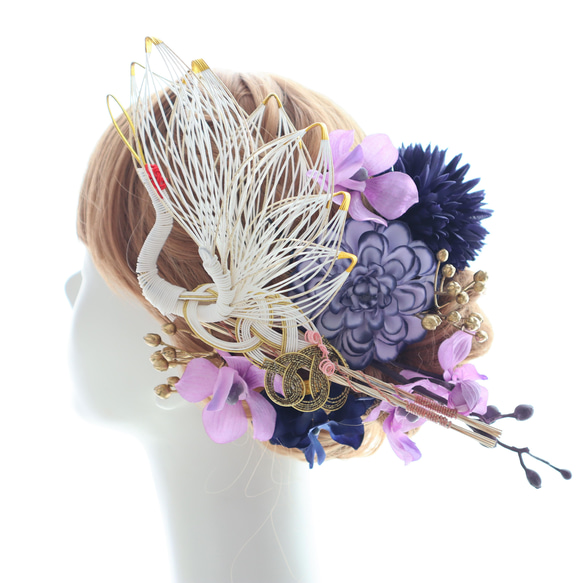 髪飾り　鶴　青　紫　菊　ダリア　ウェディング　ブライダル　成人式　卒業式　ヘッドドレス　和婚　着物　色打掛　和婚 7枚目の画像