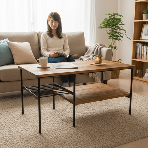 アイアン　ウッド　リビング　ソファ　ローテーブル（収納棚付き　センターテーブル） アイアン ウッド リビング ソファ ローテーブル（ 収納棚 付き