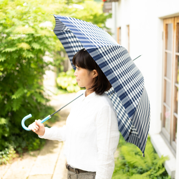 【雨傘】レトロチェック 　ギンガム風チェック：ブルー 6枚目の画像