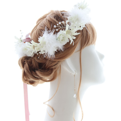 花冠　花かんむり　白　スワロフスキー　羽　ローズ　結婚式　ブライダル　薔薇　バラ　ベルベットリボン　MOKUBAリボン 6枚目の画像