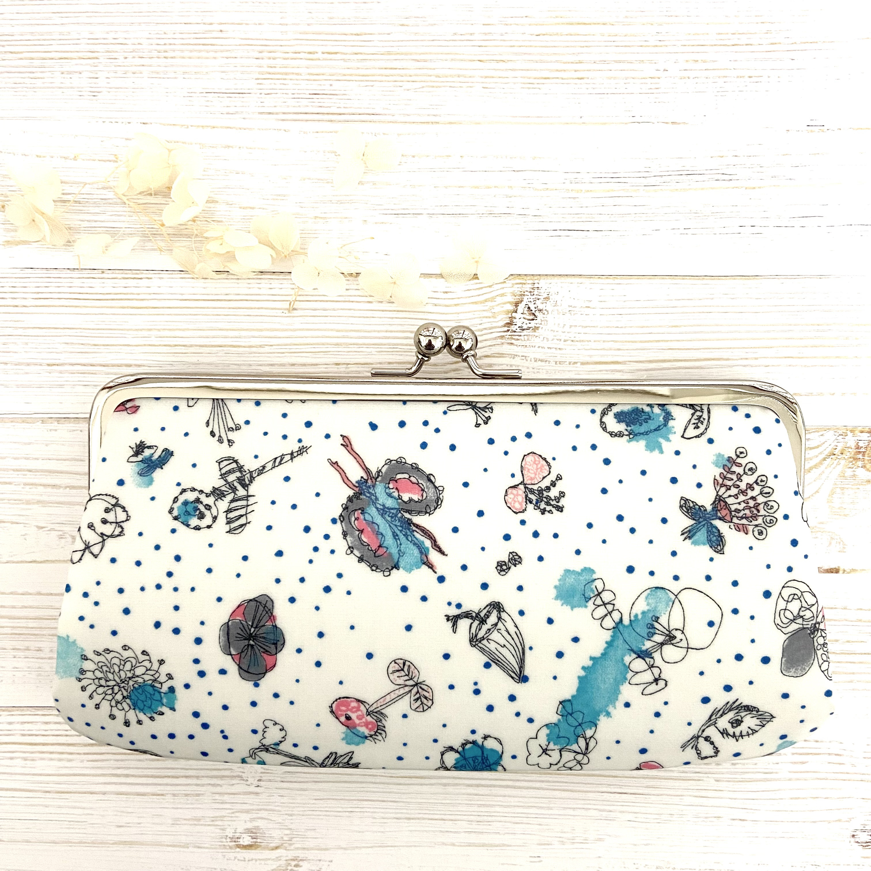 ＊ラミネート＊ ダブルがま口長財布 親子がま口長財布 メモリーズオブレイン ターコイズローズ  リバティプリント使用