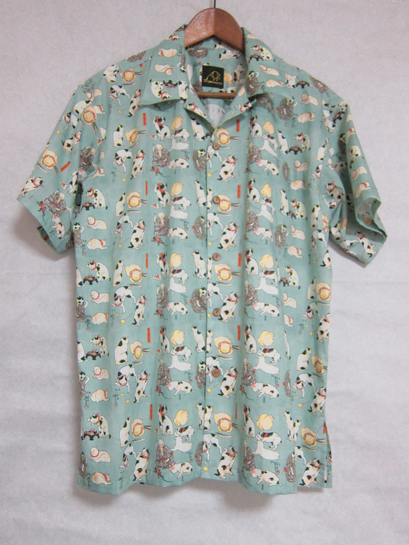 CHIGRACCI“Nyaroha 襯衫”貓圖案 Aloha 襯衫 / 原創印花 / Kuniyoshi 綠色圖案 2 第3張的照片