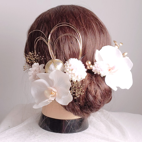 2019和装ヘア ホワイトピンク胡蝶蘭 和装 花嫁 前撮り 白無垢 卒業式 成人式