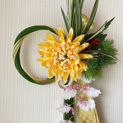 正月ドア飾り・緑金水引・アートフラワー黄色菊 しめ縄