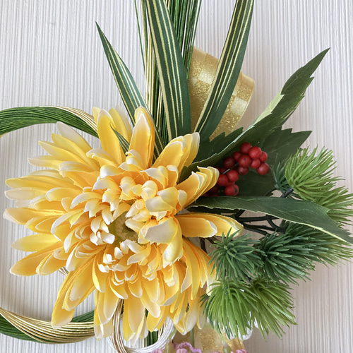 正月ドア飾り・緑金水引・アートフラワー黄色菊 しめ縄
