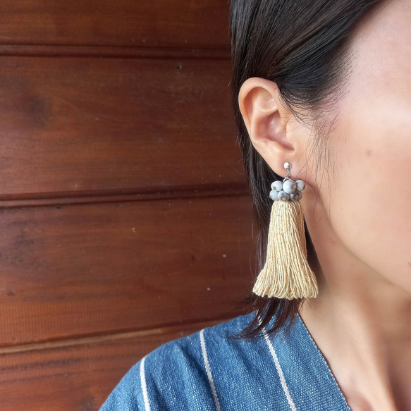 耳環│泰國植物染棉線和juzdama-天然黃色/耳環或耳環/卡倫部落公平貿易 第2張的照片