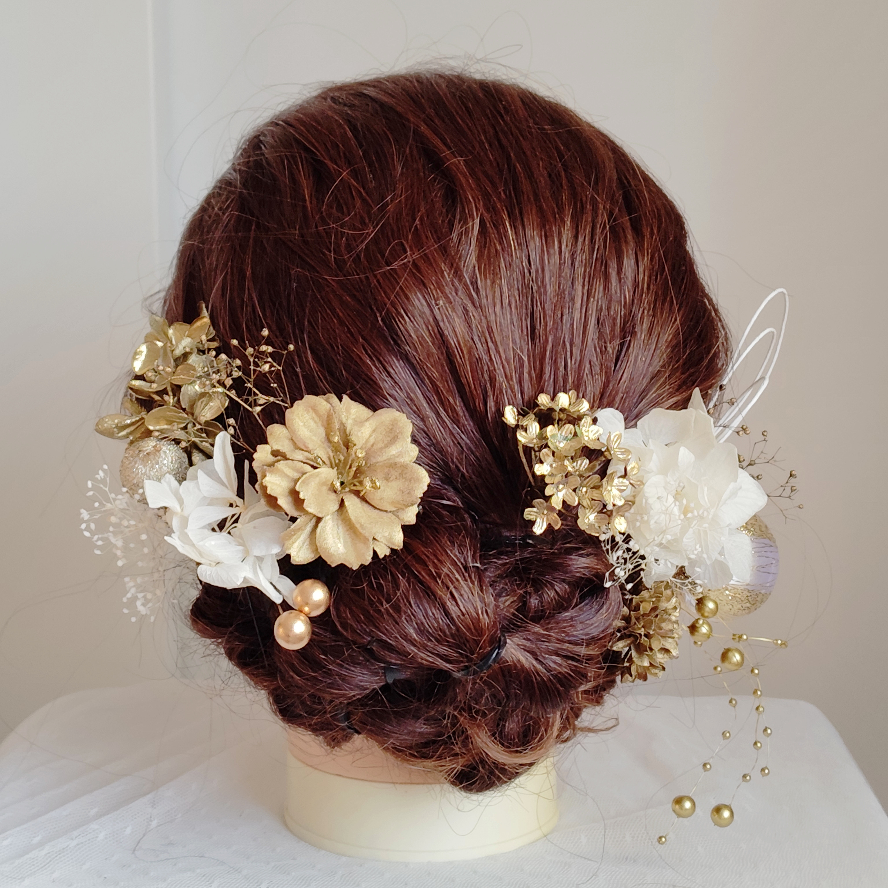 白金祝い飾り　枝垂れパール　髪飾り　成人式　結婚式　白無垢　和装　花嫁　卒業式　振袖　袴　着物