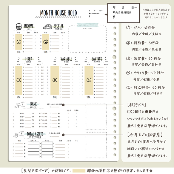 〚D05〛家計簿1年分✨袋分け積立など貯蓄多めtype＊ オリジナル家計簿/ルーズリーフ家計簿/印字無料/サイズ変更可 2枚目の画像